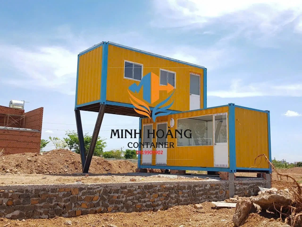 Container văn phòng 2 tầng 2x20 feet vàng viền xanh